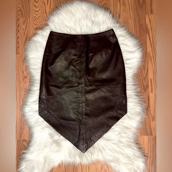 CACHE Oxblood Burgundy Leather Asymmetric Midi Slit Skirt 90s Deadstock - Picture 5 of 13